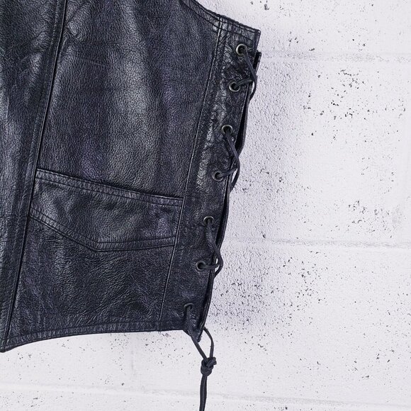 Vintage 90s y2k Black Leather Snap Front Vest Lace Up Sides V-Neck Men's SIze 44 - Picture 6 of 11